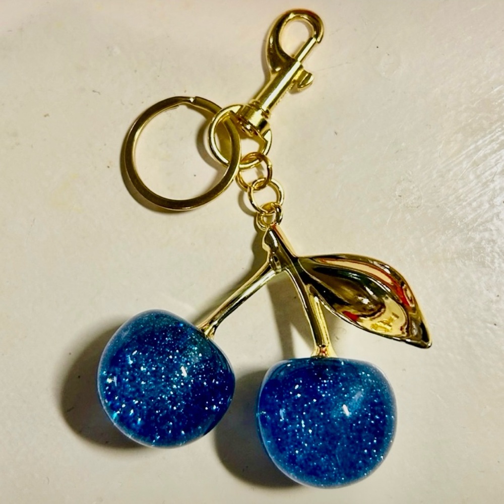 🍒NEW Cherry Bag Charm/ Keychain Sparkly Blue & Gold Cherries